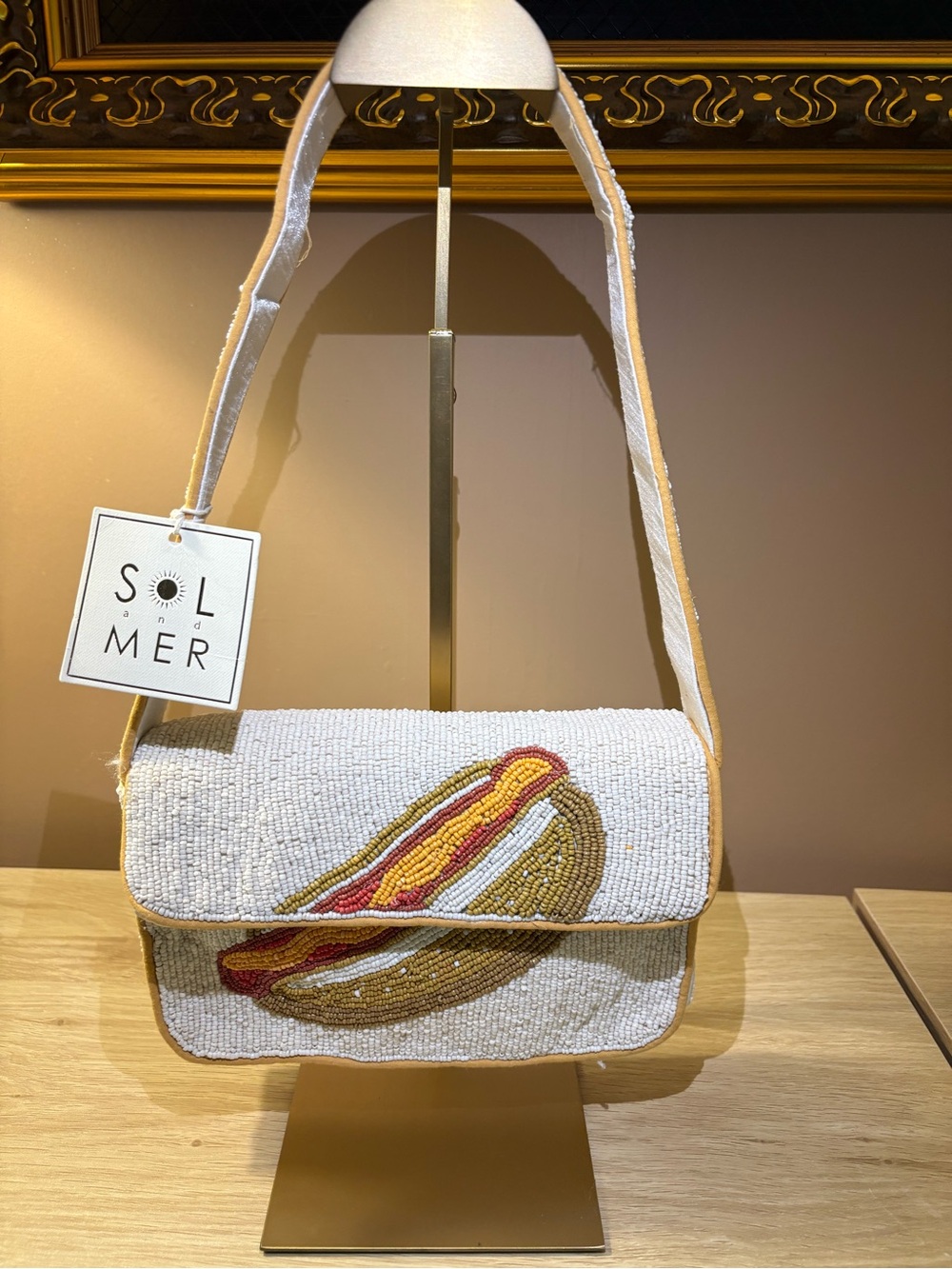 NWT SOL AND MER White Beaded Shoulder Bag with Beaded Hot Dog